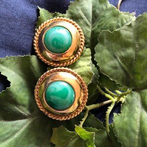 Vintage Ciner Gold Tone and Green Dome Earrings